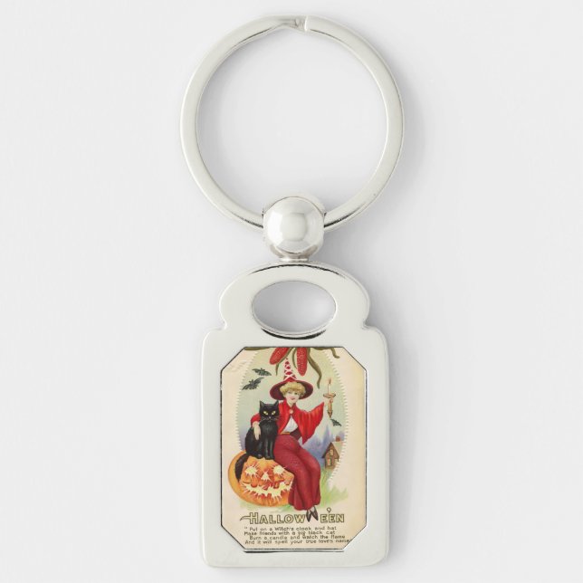 Vintage Halloween-Hexe und Schwarze Katze Schlüsselanhänger (Vorderseite)