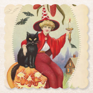 Vintage Halloween-Hexe und Schwarze Katze Untersetzer