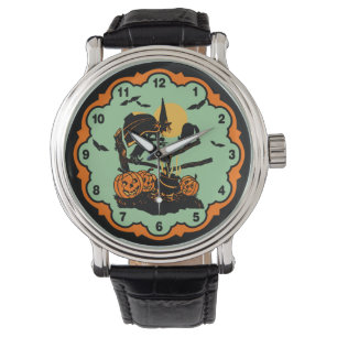 Vintage Halloween-Hexe und schwarze Katzen-Uhr Armbanduhr