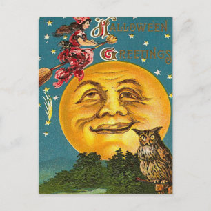 Vintage Halloween-Hexe und Vollmond Postkarte