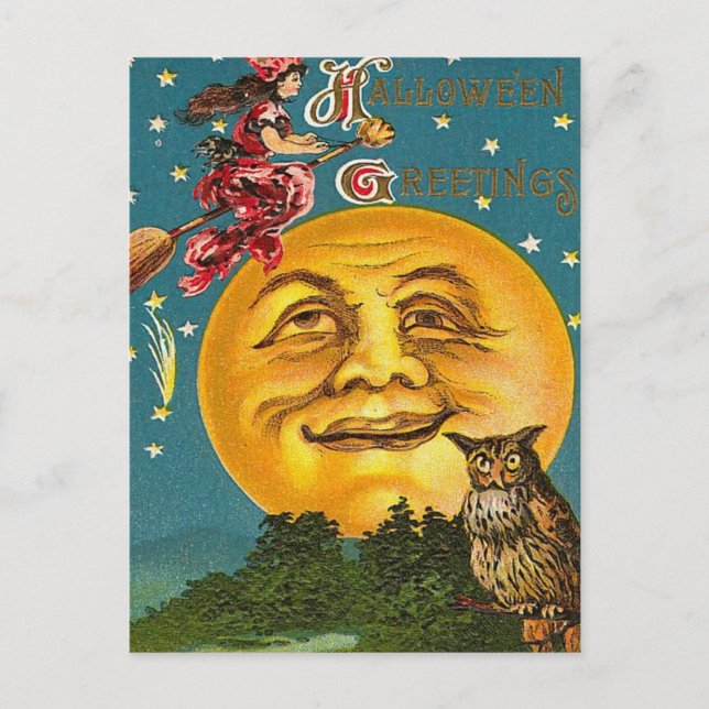 Vintage Halloween-Hexe und Vollmond Postkarte (Vorderseite)