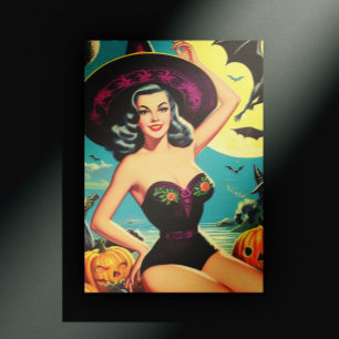 Vintage-Halloween-Hexen-Pin-Up Postkarte