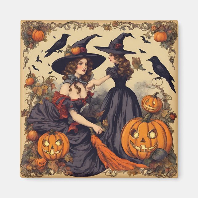 Vintage Halloween Hexen und Jack-O' Lantern Magnet (Vorne)