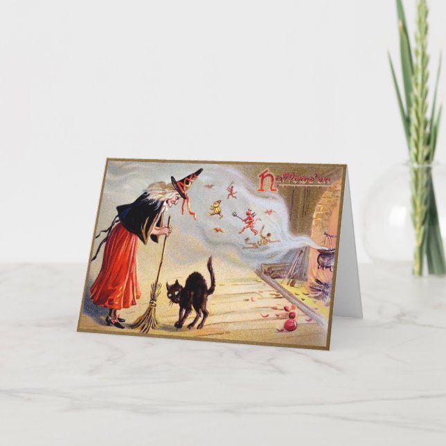 Vintage Halloween-Hexenkarte Feiertagskarte (Vorderseite)