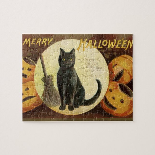 Vintage Halloween-Hexenkatze & Kürbiskins Puzzle (Horizontal)