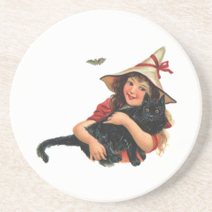 Vintage Halloween, Hexenmädchen mit schwarzer Katz Getränkeuntersetzer