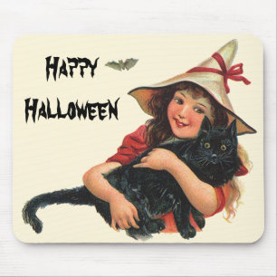 Vintage Halloween, Hexenmädchen mit schwarzer Katz Mousepad