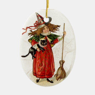 Vintage-Halloween-Hexenmädchen mit schwarzer Katze Keramik Ornament