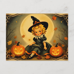 Vintage-Halloween-Hexenmädchen und Kürbis-P Postkarte