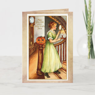 Vintage-Halloween-Karte, elegante Dame mit Spiegel Karte