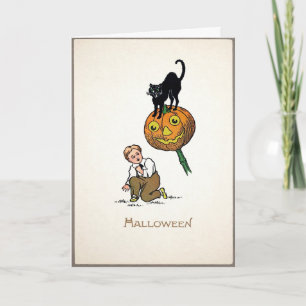Vintage Halloween-Karte mit schwarzer Katze Feiertagskarte