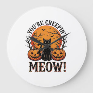 Vintage-Halloween-Katze Creepin Meow Gravur_1 Große Wanduhr