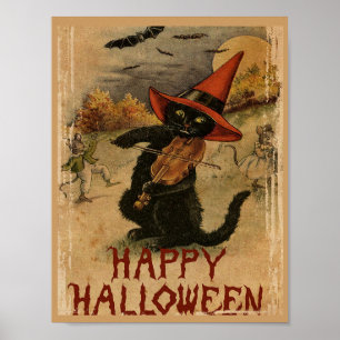 Vintage-Halloween-Katze mit Geige Poster