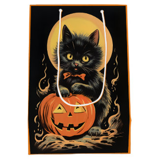 Vintage Halloween-Katze mit Pumpkin Mittlere Geschenktüte