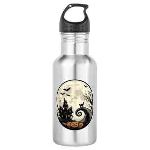 Vintage-Halloween-Katze-Mond-Spukhaus-Vektor De Edelstahlflasche
