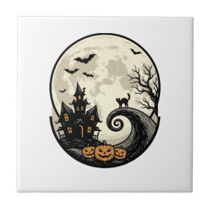 Vintage-Halloween-Katze-Mond-Spukhaus-Vektor De Fliese