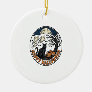 Vintage-Halloween-Katze-mondbeschienener-Geister-A Keramik Ornament