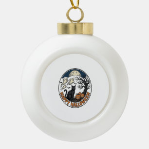 Vintage-Halloween-Katze-Mondlicht-Geist-Abzeichen_ Keramik Kugel-Ornament