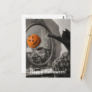 Vintage-Halloween-Katze schlägt Jackolantern-Kopf  Postkarte
