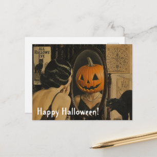 Vintage-Halloween-Katze und Frau mit Jackolantern Postkarte