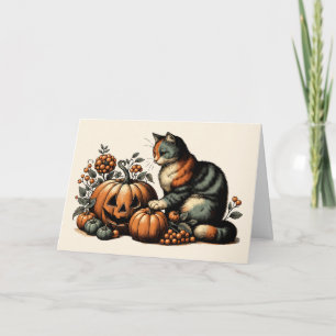 Vintage-Halloween-Katze und Kürbis Karte