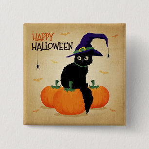 Vintage Halloween-Katze und Kürbisse   Knopf Button