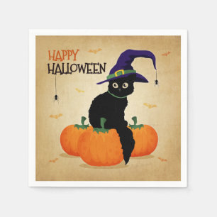 Vintage Halloween-Katze und Serviette der Kürbis-