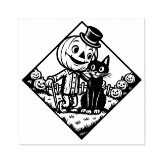 Vintage-Halloween-Katze-und-Vogelscheuchen-Stempel Gummistempel