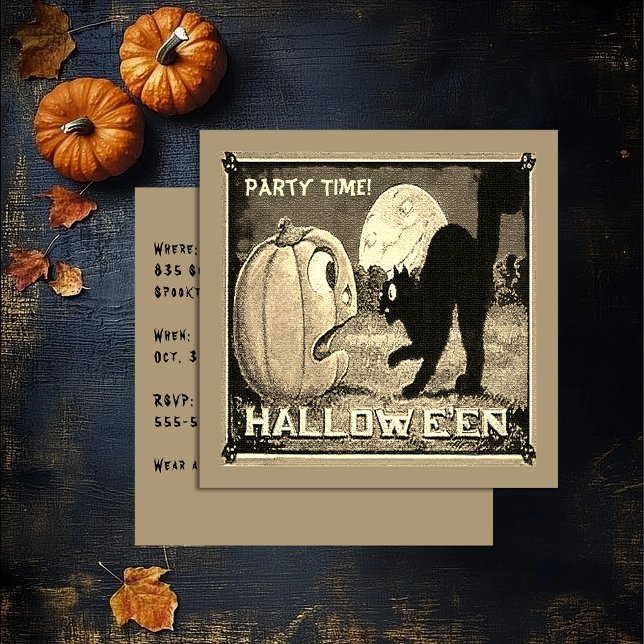 Vintage Halloween-Katzenkatze in Mosaik Einladung (Vintage Halloween Pumpkin Cat in Mosaic Sepia Invitation)