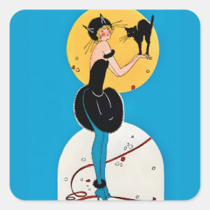 Vintage-Halloween-Katzenkostüm Dame & schwarze Kat Quadratischer Aufkleber