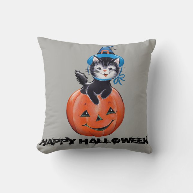 Vintage Halloween-Katzenkuppe mit Hexenhut Kissen (Vorderseite)