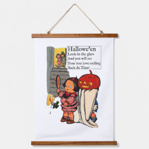 Vintage Halloween Kind und Kürbis-Geist Wandteppich Mit Holzrahmen