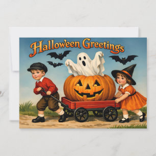 Vintage Halloween Kinder, Geist, Kürbis Karte