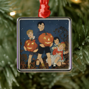 Vintage-Halloween, Kinder halten Kürbisse Silbernes Ornament