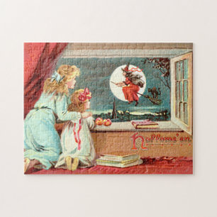 Vintage-Halloween-Kinder & Hexe mit Besenstiel Puzzle