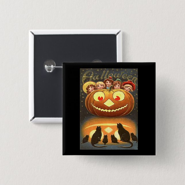 Vintage Halloween-Kinder, Jack o' Lantern & Cats Button (Vorne & Hinten)