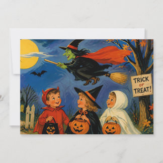 Vintage Halloween Kinder und fliegende Hexe Feiertagskarte