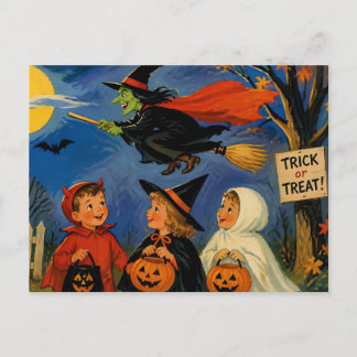 Vintage-Halloween-Kinder und fliegende Hexe Postkarte