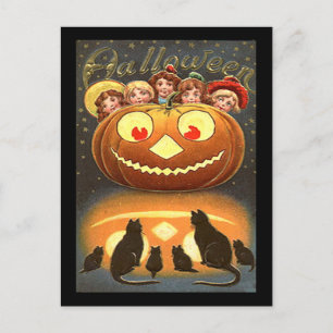 Vintage Halloween-Kinder und Katzen Postkarte