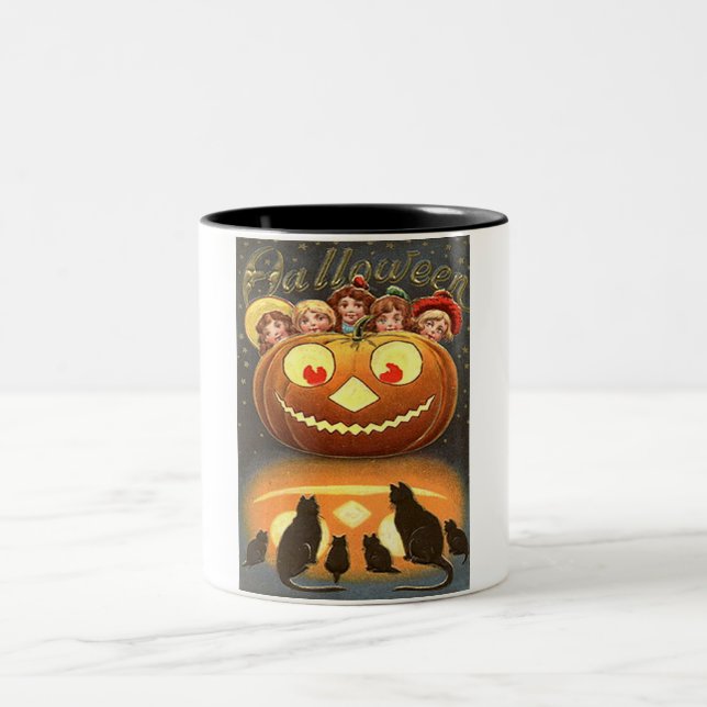 Vintage Halloween-Kinder und Katzen Zweifarbige Tasse (Mittel)