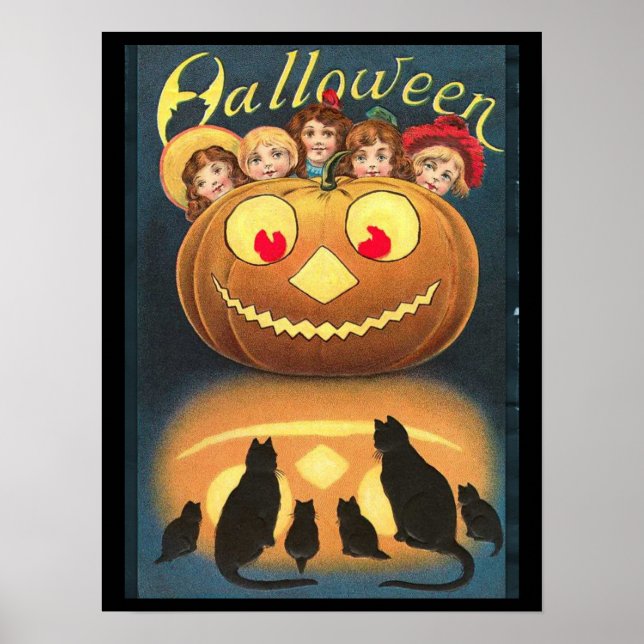 Vintage Halloween-Kinder verstecken sich hinter Kü Poster (Vorne)