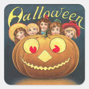 Vintage Halloween-Kinder verstecken sich hinter Kü Quadratischer Aufkleber