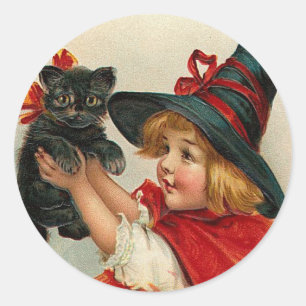 Vintage-Halloween-Kleine Hexe hält schwarze Katze Runder Aufkleber