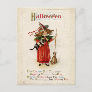 Vintage-Halloween-Kleine-Hexen-Mädchen mit einer K Postkarte
