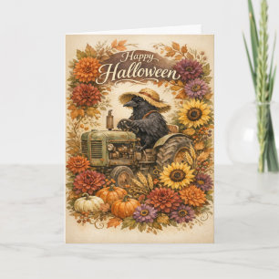 Vintage-Halloween-Krähen-Traktor-Ernte Karte