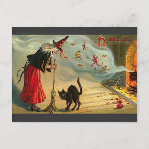 Vintage Halloween-Kunst - Katze trifft die Hexe ! Postkarte