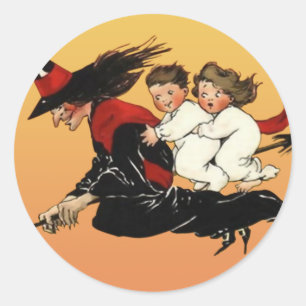 Vintage-Halloween-Kunstaufkleber: Hexenritt Runder Aufkleber