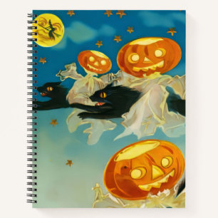 Vintage Halloween-Kürbis-Geister und schwarze Katz Notizbuch