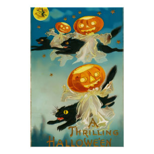 Vintage Halloween-Kürbis-Geister und schwarze Katz Poster