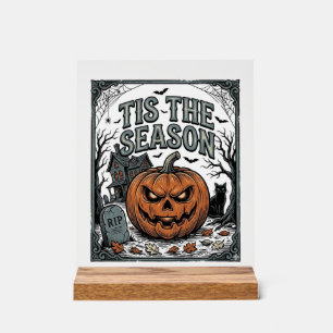 Vintage-Halloween-Kürbis-Katze-Tis-The-Season-Shir Acrylschild